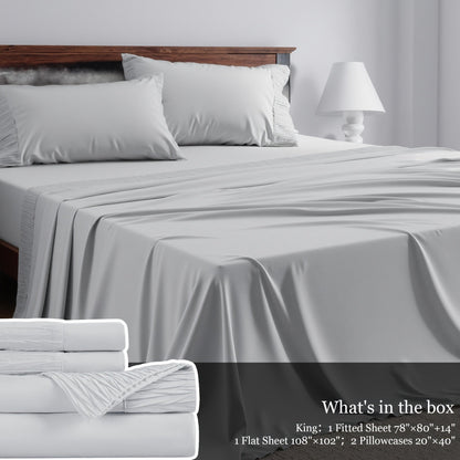 Sheet Set, Four-Piece Solid-Color Bedding with Deep-Pocket Fitted Sheet, Flat Sheet and Two Pillowcases