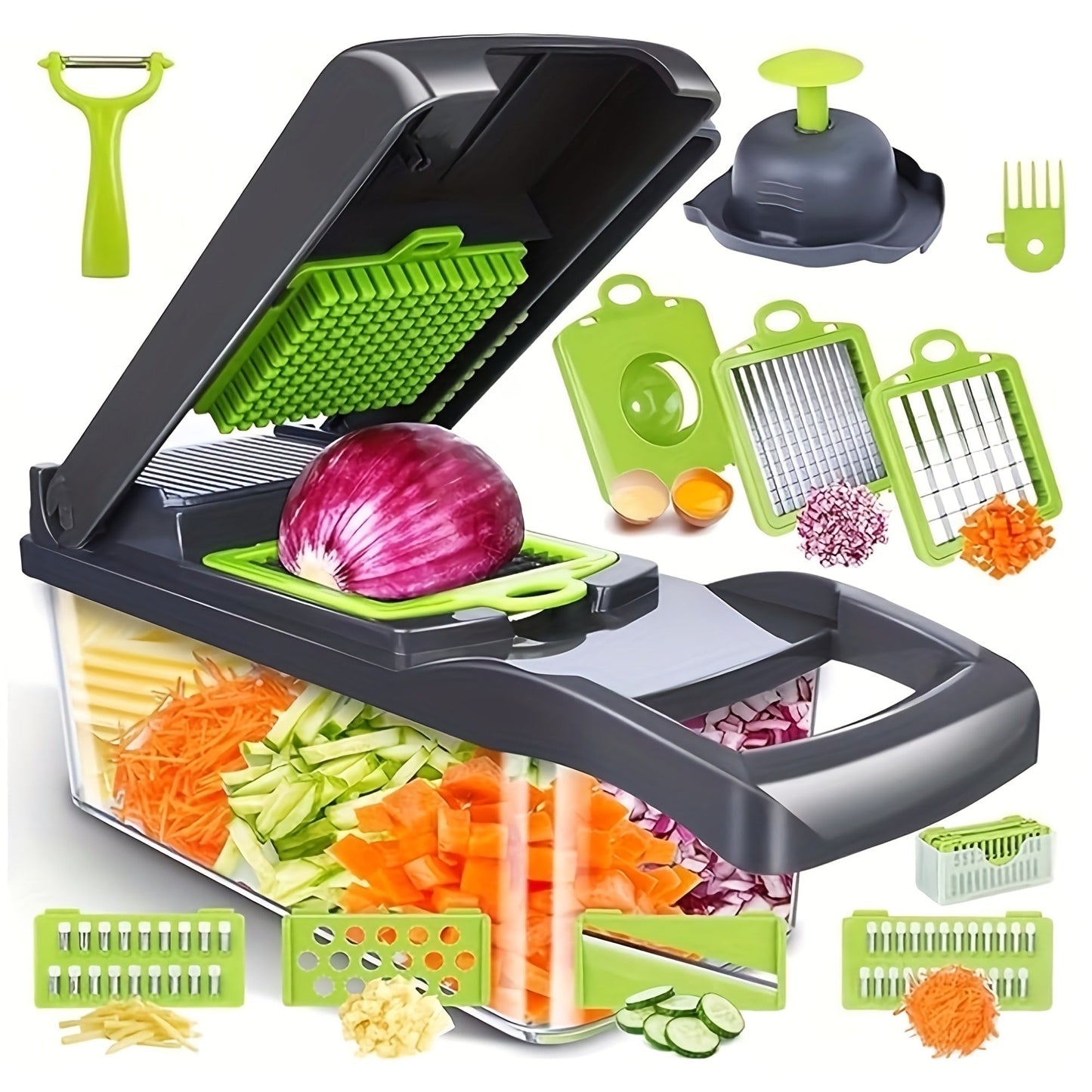 Vegetable Chopper with 3/5 Blades – Multifunctional Onion Chopper, Food Dicer & Salad Cutter with Container | Kitchen Gadget Set for Potato, Carrot, Garlic