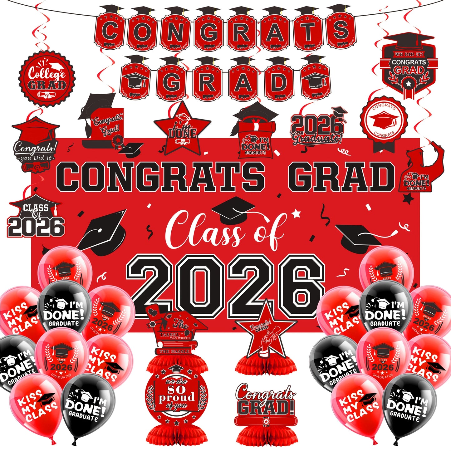 Party Decorations Class of 2026 Graduation Set with Backdrop, Banner, Swirls and Table Pieces in Five Colors