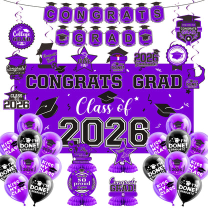 Party Decorations Class of 2026 Graduation Set with Backdrop, Banner, Swirls and Table Pieces in Five Colors