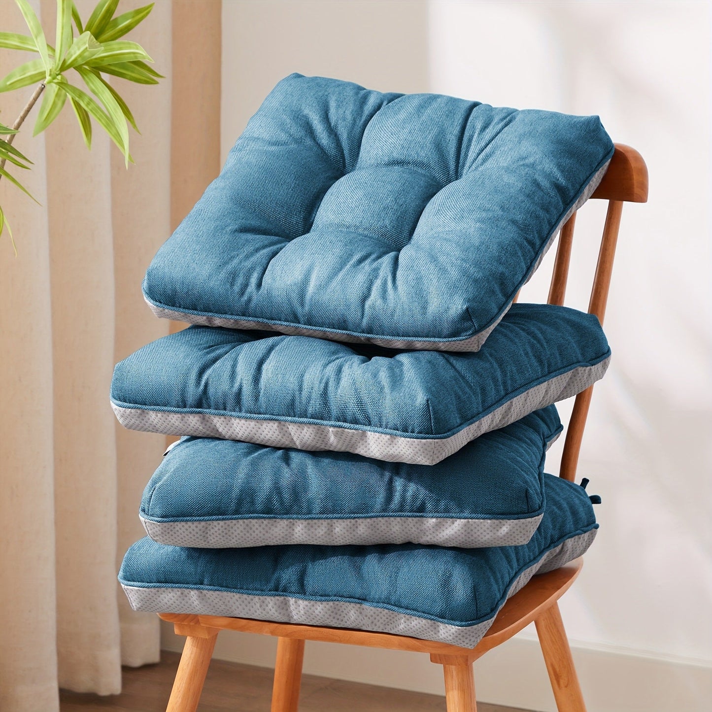 Tufted Chair Cushion Set with Four 15.5-Inch Pads, Tie Straps and 11 Solid Color Choices for Dining Chairs
