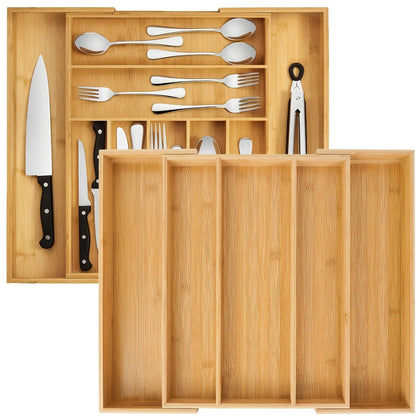 Cutlery Tray Kitchen Organizer Expandable Bamboo Drawer Divider with 5-Slot, 9-Slot or Two-Pack Options