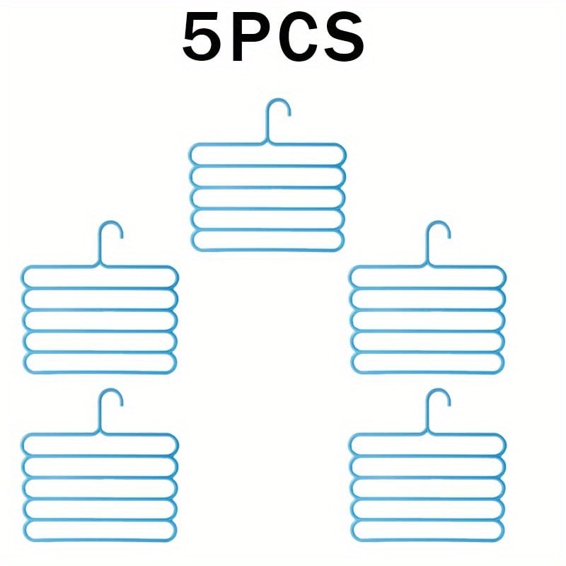 Five-Tier Pants Hangers, 5-Piece Set in Blue, Pink or Green with Horizontal Space-Saving Garment Bars