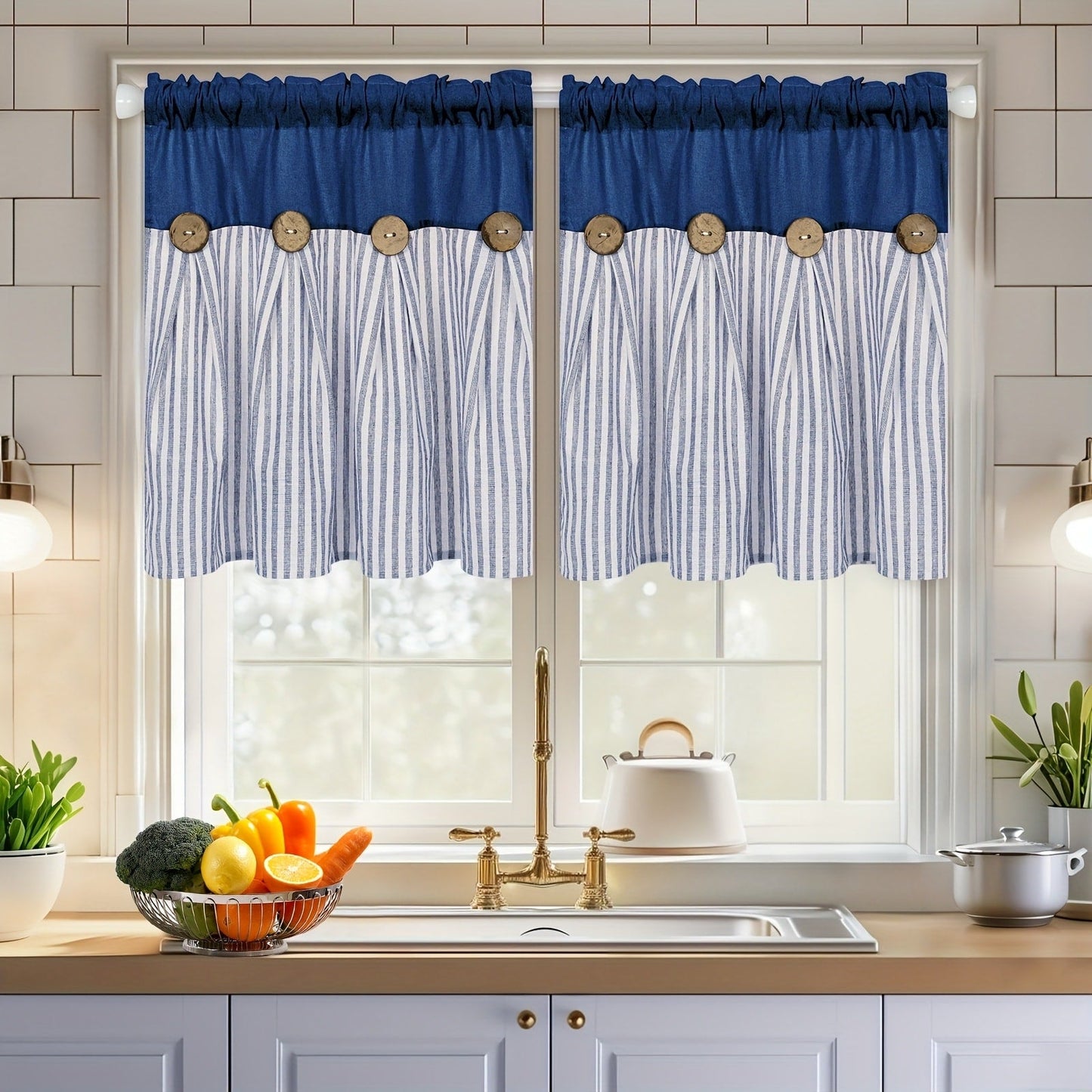 Striped Patchwork Window Curtain Set with Rod-Pocket Top, Six Colors and Five Panel-Count or Size Options