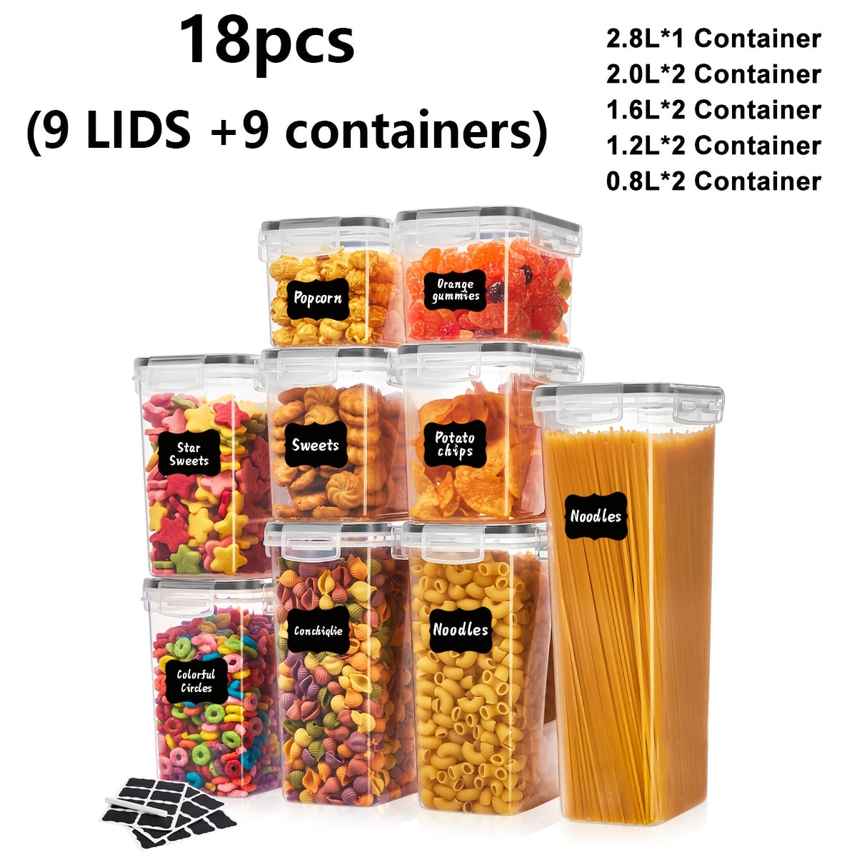 Food Storage Containers Multi-Size Pantry Set with Matching Lids, Labels and Markers in Four Pack Options