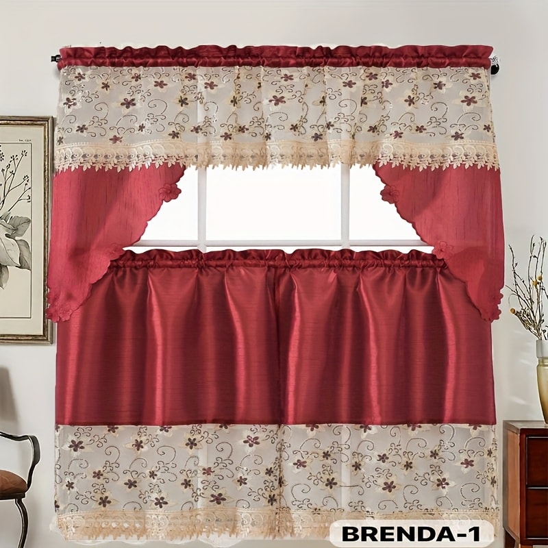 Three-Piece Patterned Kitchen Curtain Set with One Valance, Two Tiers and Forty-Six Exact Design Options