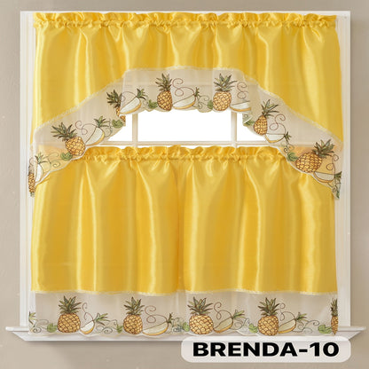 Three-Piece Patterned Kitchen Curtain Set with One Valance, Two Tiers and Forty-Six Exact Design Options