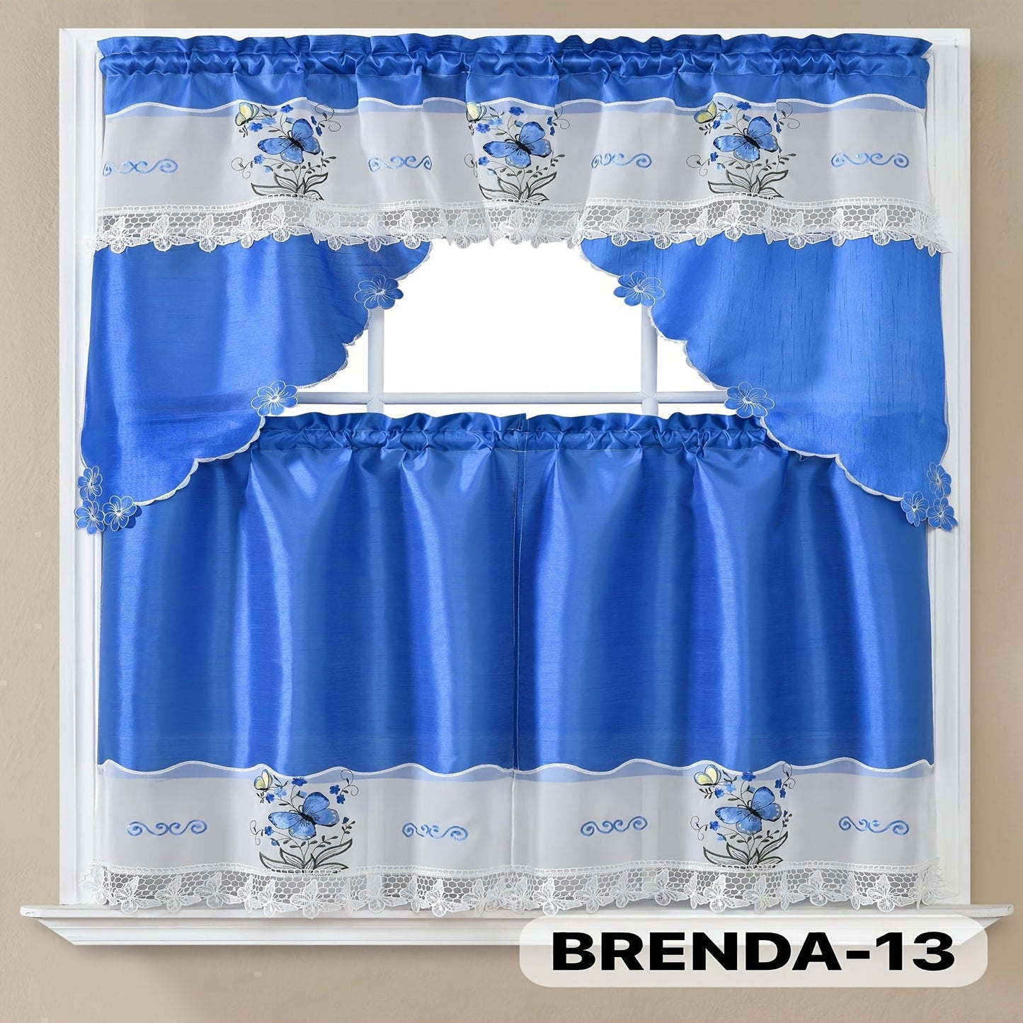 Three-Piece Patterned Kitchen Curtain Set with One Valance, Two Tiers and Forty-Six Exact Design Options