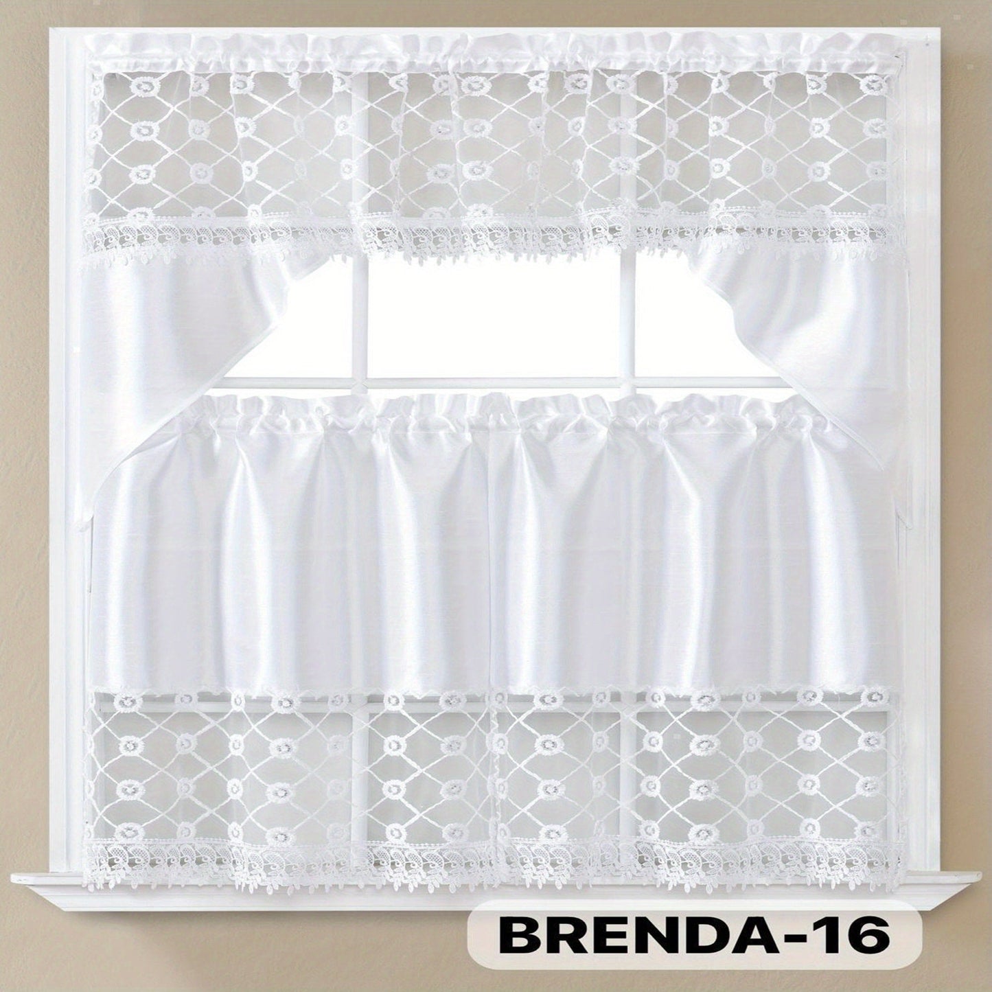 Three-Piece Patterned Kitchen Curtain Set with One Valance, Two Tiers and Forty-Six Exact Design Options