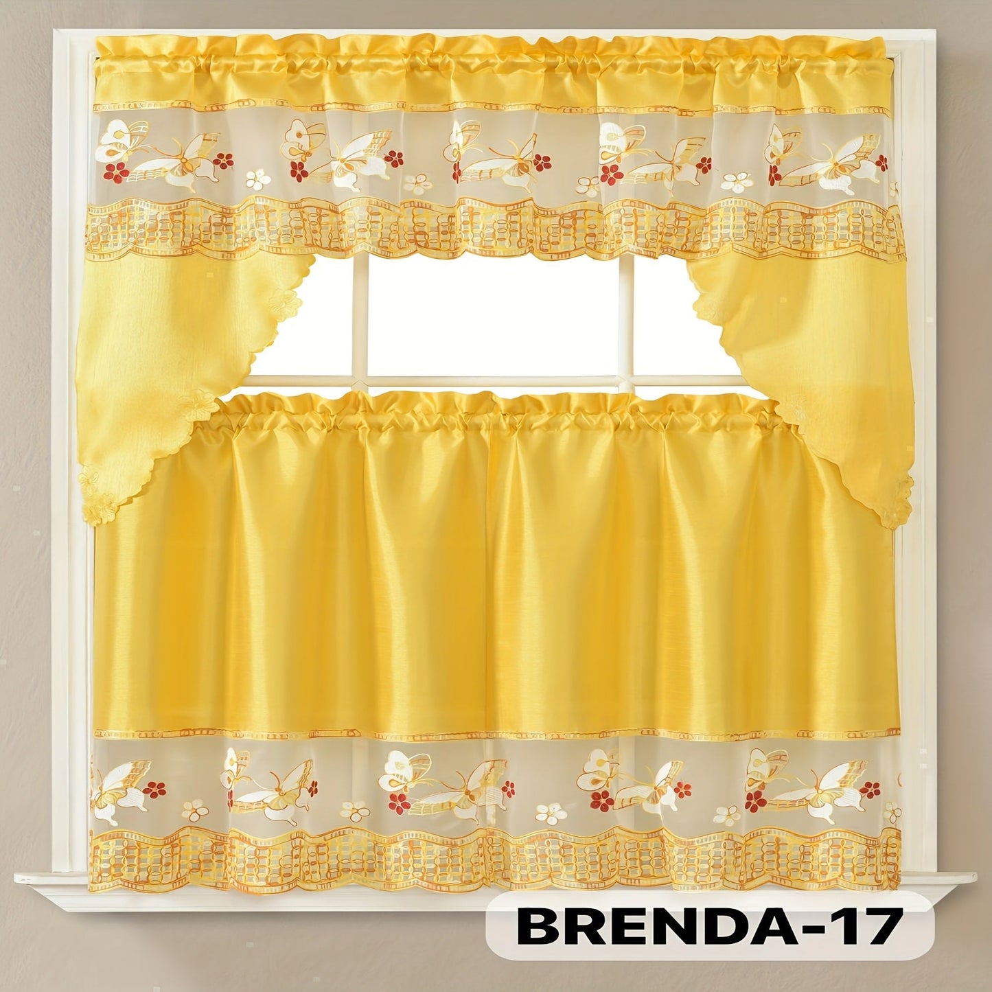 Three-Piece Patterned Kitchen Curtain Set with One Valance, Two Tiers and Forty-Six Exact Design Options