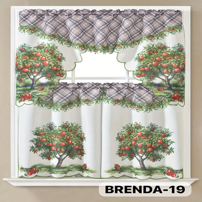 Three-Piece Patterned Kitchen Curtain Set with One Valance, Two Tiers and Forty-Six Exact Design Options