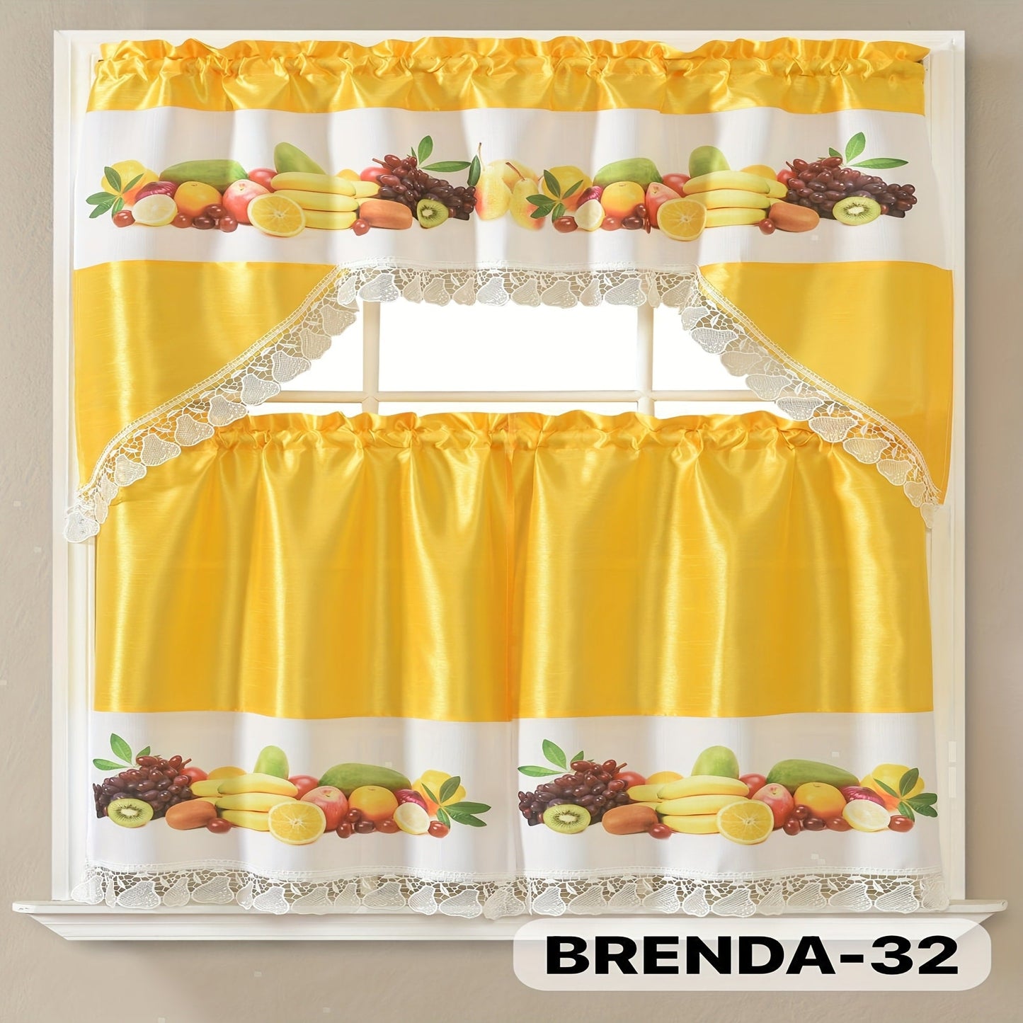 Three-Piece Patterned Kitchen Curtain Set with One Valance, Two Tiers and Forty-Six Exact Design Options