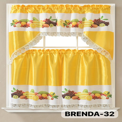 Three-Piece Patterned Kitchen Curtain Set with One Valance, Two Tiers and Forty-Six Exact Design Options