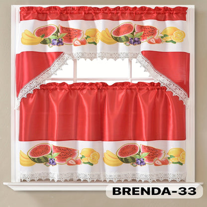 Three-Piece Patterned Kitchen Curtain Set with One Valance, Two Tiers and Forty-Six Exact Design Options