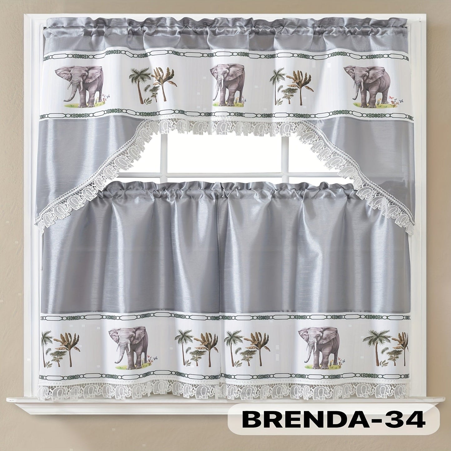 Three-Piece Patterned Kitchen Curtain Set with One Valance, Two Tiers and Forty-Six Exact Design Options