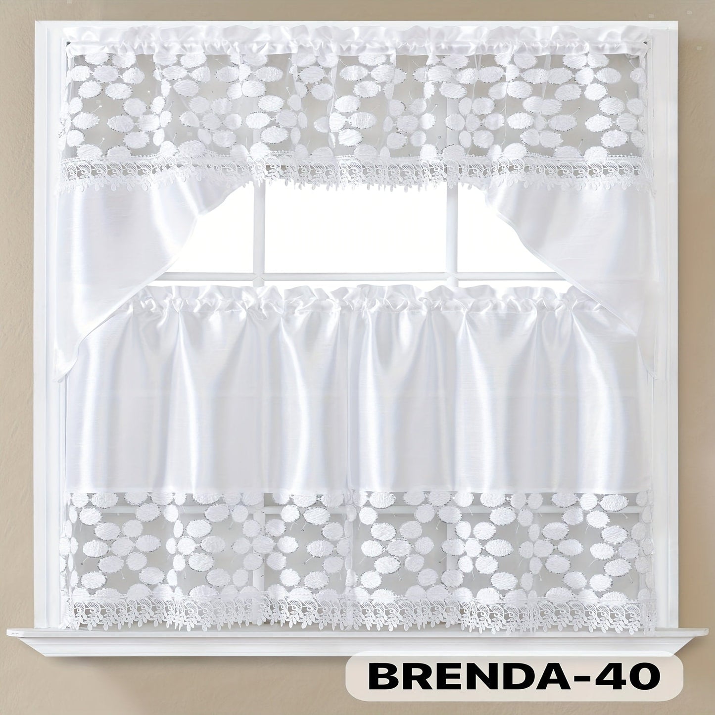 Three-Piece Patterned Kitchen Curtain Set with One Valance, Two Tiers and Forty-Six Exact Design Options