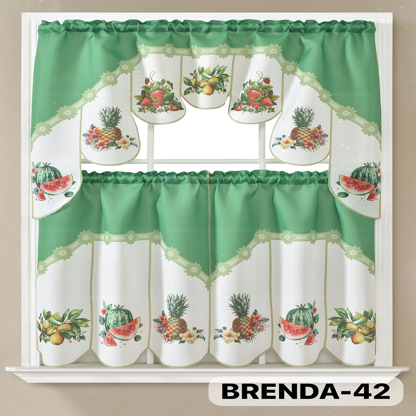 Three-Piece Patterned Kitchen Curtain Set with One Valance, Two Tiers and Forty-Six Exact Design Options