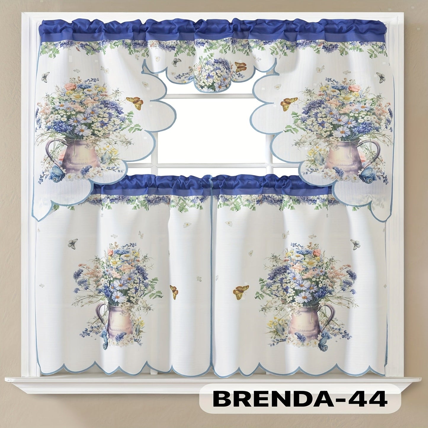 Three-Piece Patterned Kitchen Curtain Set with One Valance, Two Tiers and Forty-Six Exact Design Options