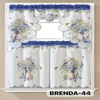 Three-Piece Patterned Kitchen Curtain Set with One Valance, Two Tiers and Forty-Six Exact Design Options