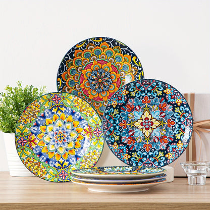 Bohemian Ceramic Dessert Plate Set of 6 - 8.5 Inch Colorful Abstract Pattern Dinnerware, Glazed Porcelain Plates