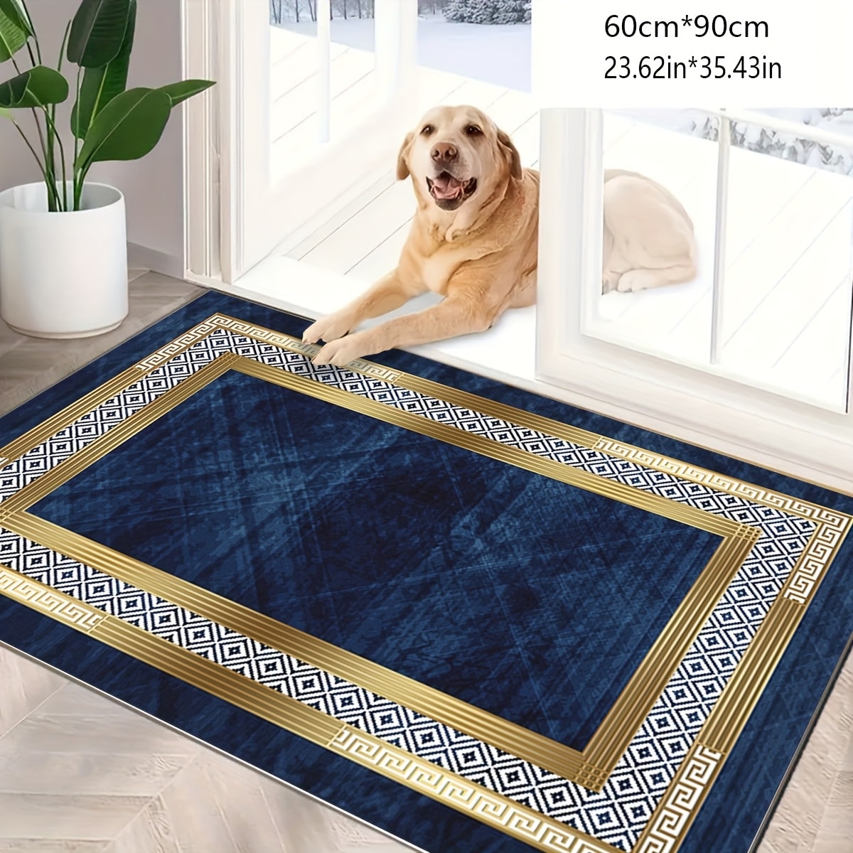 Navy Blue and Gold Geometric Area Rug with Four Exact Rectangular Size Options for Living Spaces