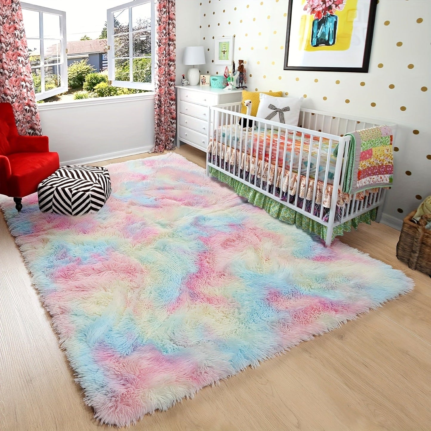 Shaggy Area Rug Soft Plush Fuzzy Carpet Non-Slip Tie-Dye Design for Bedroom Living Room Nursery Dorm — Pet Friendly Machine Washable Multiple Sizes & Colors