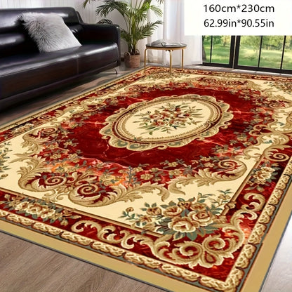 Area Rug Red Imitation Cashmere Medallion Design in Four Machine-Washable Room Size Choices