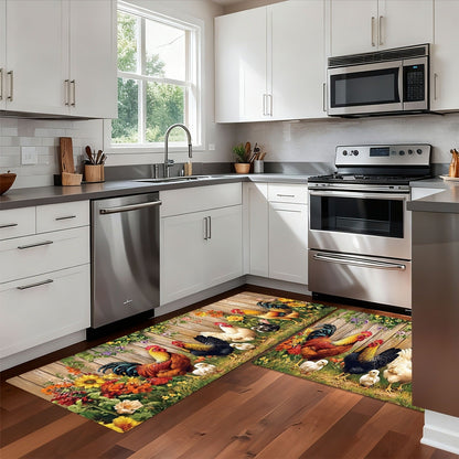 Rooster Farmhouse Kitchen Rugs in Round, Runner and 1- to 4-Piece Mat Set Size Options for Floors