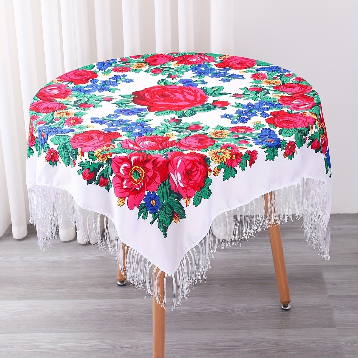 Tablecloth Square 53-Inch Floral Cover with Tassel Trim, Polyester Fabric and Six Color Options