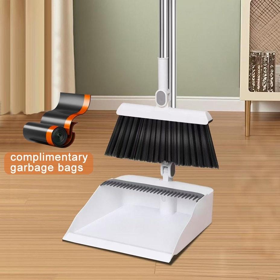 Magnetic Broom and Dustpan Set with Rotating Head, Long Handle and Bag Holder in White or Orange