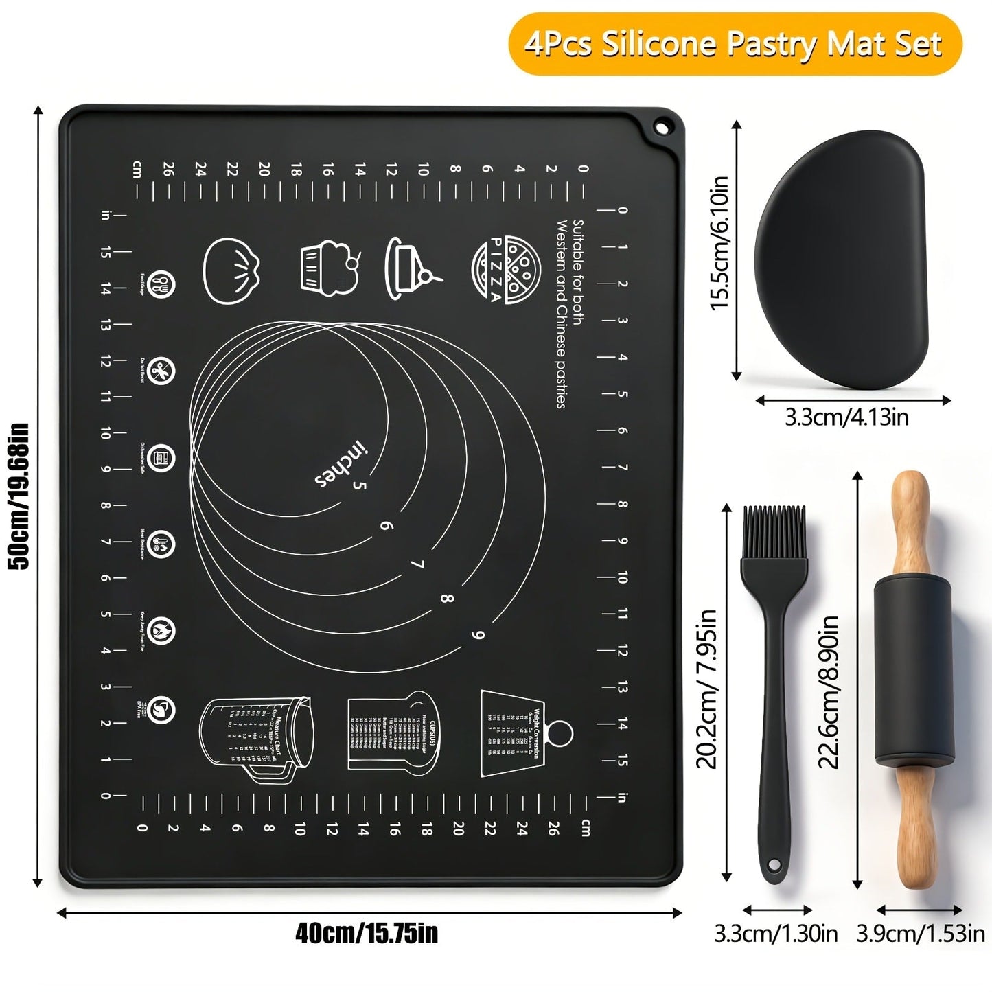 Silicone Baking Mat Set 4pcs, Extra Thick Non-Stick Pastry Mat with Measurement Scales, Non-Slip Dough Kneading Mat, Includes Rolling Pin, Dough Scraper and Storage Bag, Reusable Kitchen Baking Tools