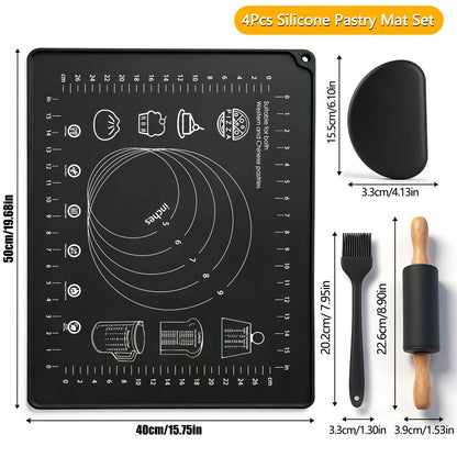 Silicone Baking Mat Set 4pcs, Extra Thick Non-Stick Pastry Mat with Measurement Scales, Non-Slip Dough Kneading Mat, Includes Rolling Pin, Dough Scraper and Storage Bag, Reusable Kitchen Baking Tools