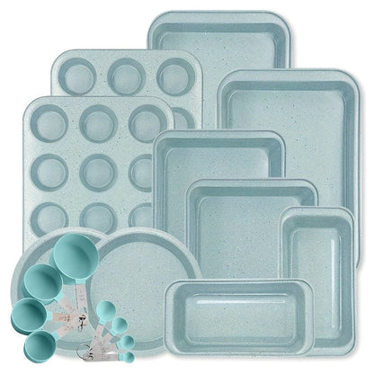 Mixed-Color Bakeware Set with 2–18 Pieces, Cake and Muffin Pans, Trays, Racks and Tools Pictured