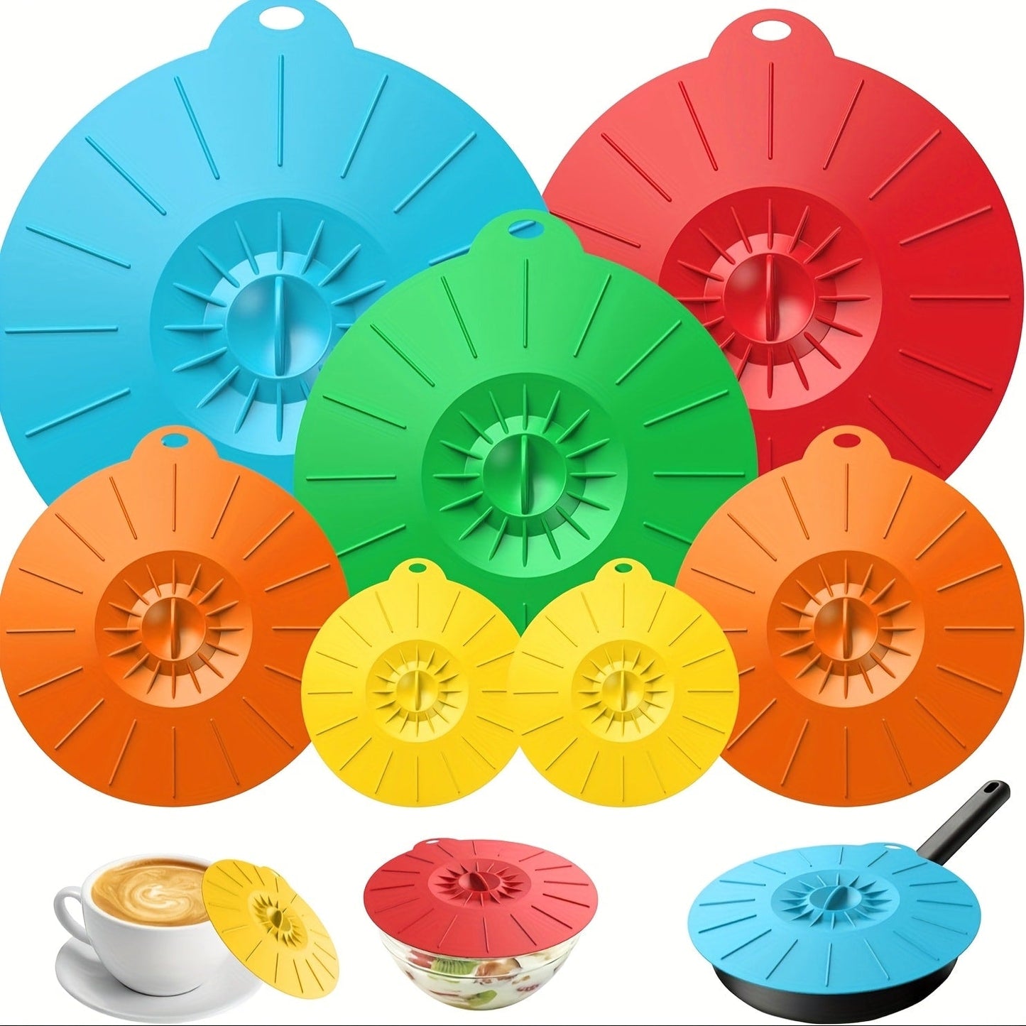 Seven-Piece Reusable Silicone Stretch Lid Set in Five Sizes for Bowls, Cups, Pots and Food Containers
