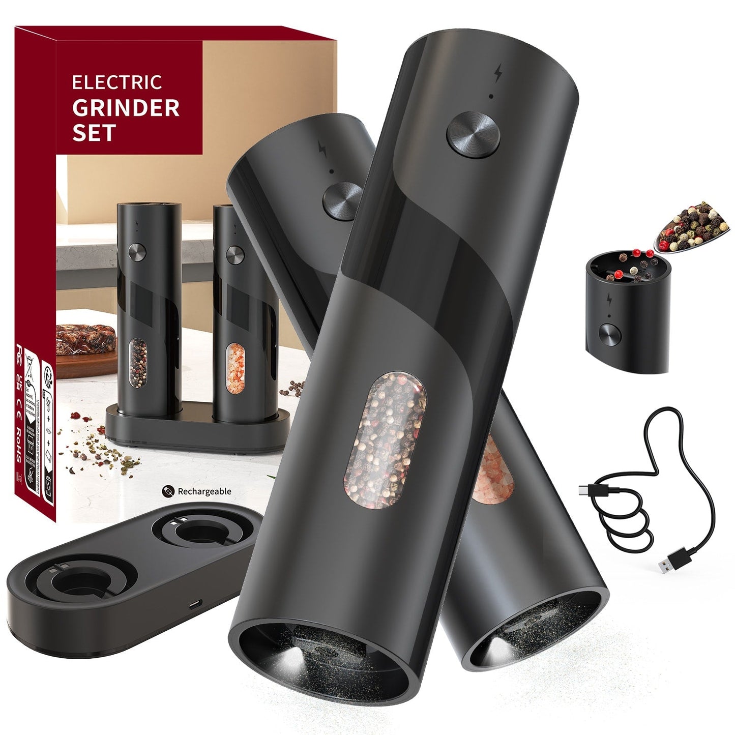 Electric Salt and Pepper Grinder Set with LED Light & Gravity Sensor – USB Rechargeable, Top-Fill, Large Capacity Automatic Spice Mill – 1 or 2 Pack Kitchen Gift Set
