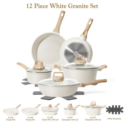 Cookware Set, 12-Piece Granite-Coated Aluminum Pots and Pans with Glass Lids, Pan Protectors and Two Color Options