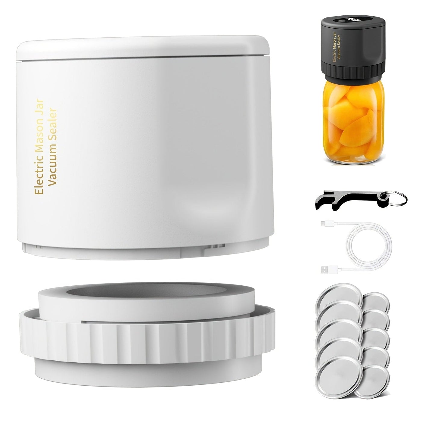 Electric Mason Jar Vacuum Sealer Kit with Regular- and Wide-Mouth Adapters, Lid Accessories and Charging Cable