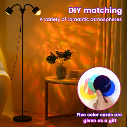 Black Dual-Head Floor Projector Lamp with Two Adjustable Spot Heads, Remote and Color Discs