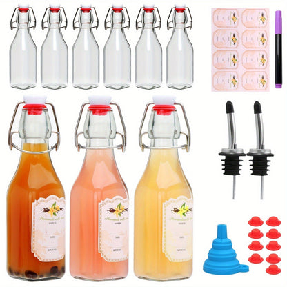 Glass Bottles with Airtight Lids 8oz - 6 9 12 Pack Clear Kitchen Storage Bottles for Kombucha Home Brewing Vanilla Extract Vinegar Homemade Juice Water Soda | Meal Prep Pantry Organization