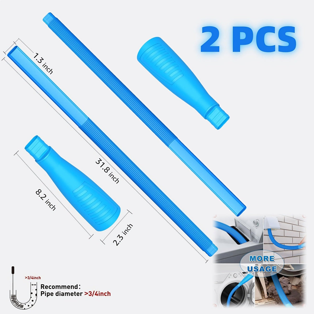 Dryer Vent Cleaner Kit 2pcs Flexible Lint Brush Vacuum Hose Attachment Power Lint Remover for Entryways, Bedrooms and Living Spaces