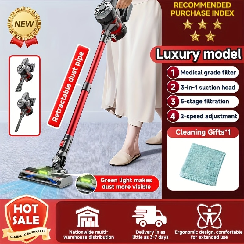 Cordless Vacuum Cleaner with Green Light Indicator, Brushless Motor Rechargeable Handheld Stick Vacuum for Home Car Carpet Pet Hair Hardwood Floor, 2L Dust Cup 45-Min Runtime Multi-Filter Portable Design