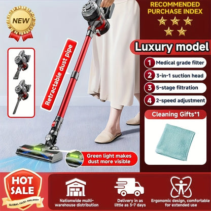 Cordless Vacuum Cleaner with Green Light Indicator, Brushless Motor Rechargeable Handheld Stick Vacuum for Home Car Carpet Pet Hair Hardwood Floor, 2L Dust Cup 45-Min Runtime Multi-Filter Portable Design