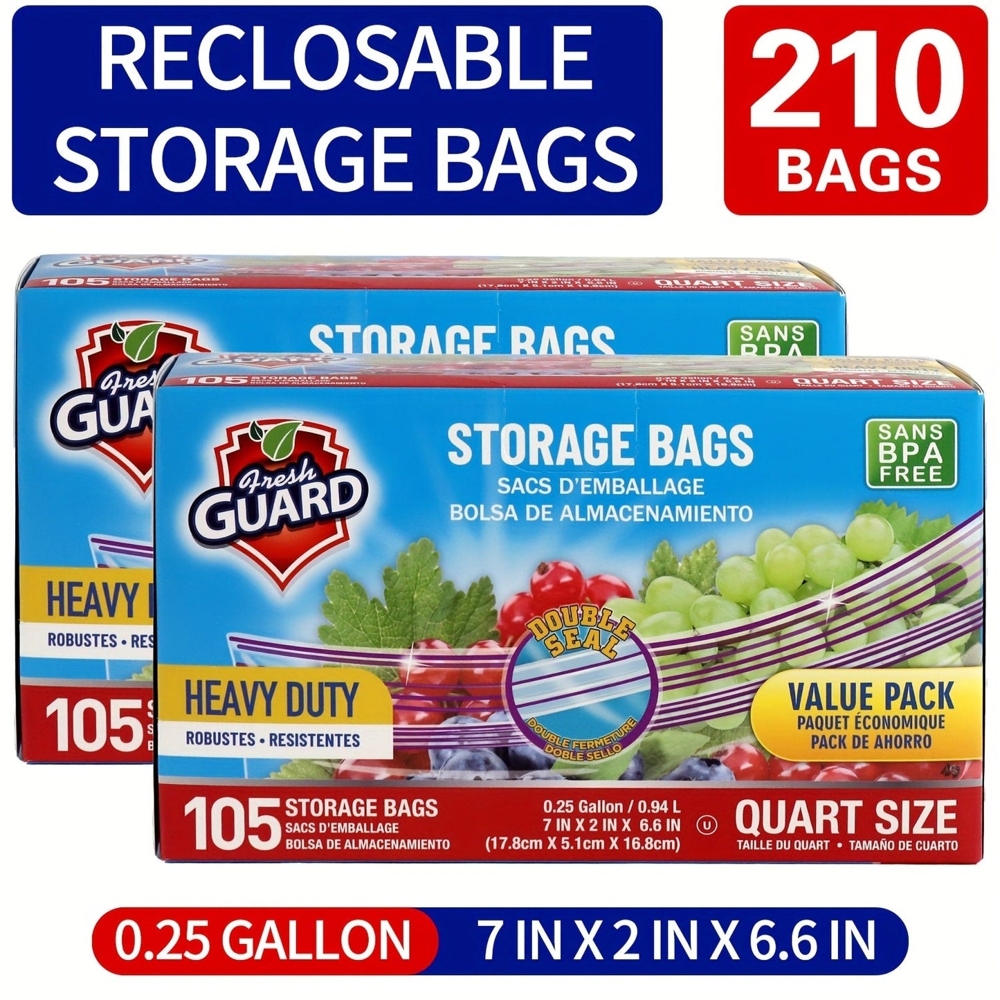Reclosable Kitchen Storage Bags in Quarter-, One- or Two-Gallon Sizes with Five Count and Pack Options