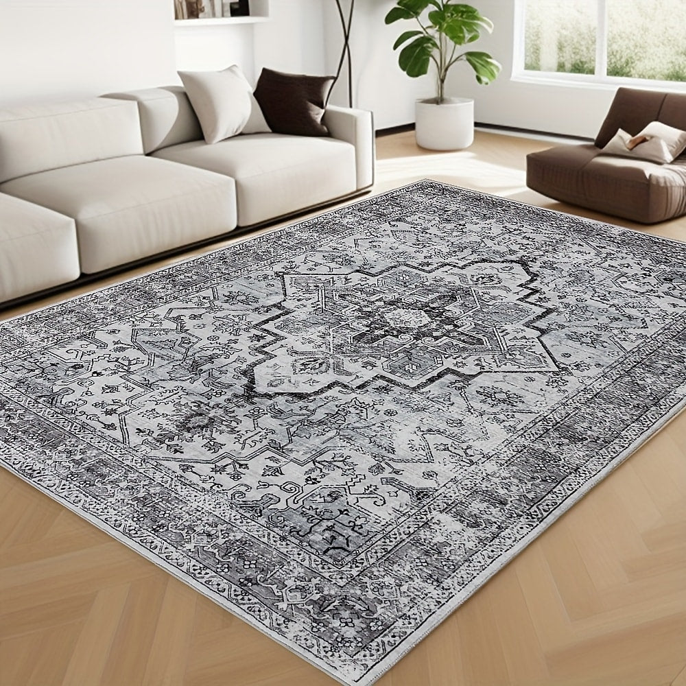 Area Rug Bohemian Retro Design in Beige or Grey with Six Foldable Machine-Washable Room Sizes