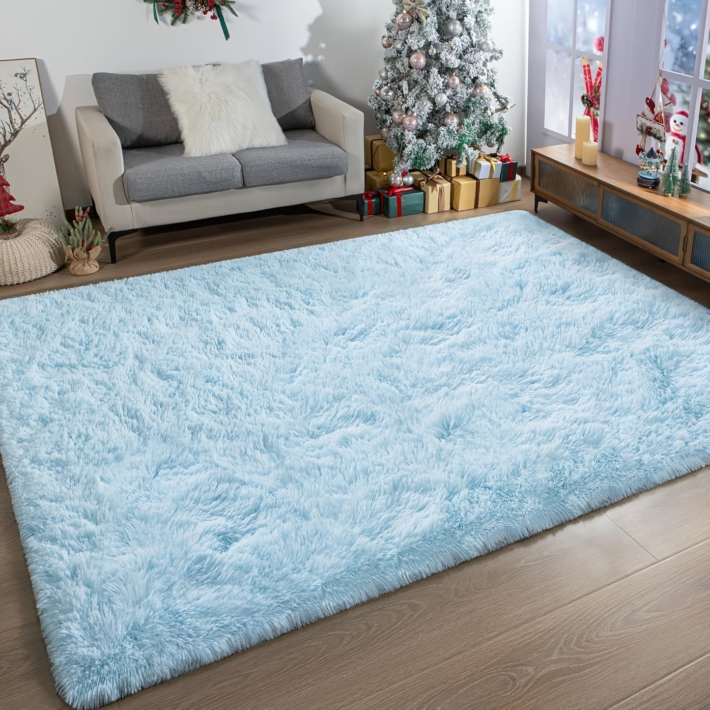 Area Rug Fluffy Faux-Fur Shag in Solid, Tie-Dye and Ombre Colors with Six Retained Room Sizes