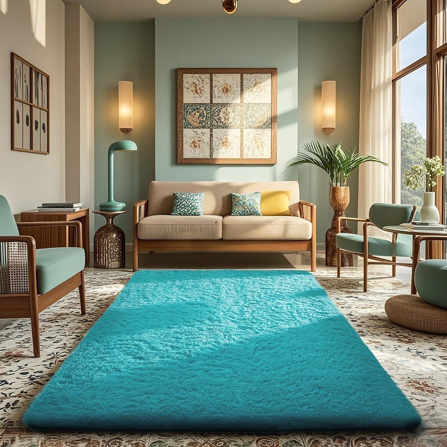 Area Rug Fluffy Faux-Fur Shag in Solid, Tie-Dye and Ombre Colors with Six Retained Room Sizes