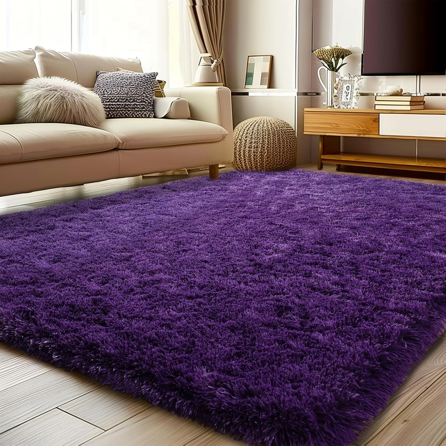 Area Rug Fluffy Faux-Fur Shag in Solid, Tie-Dye and Ombre Colors with Six Retained Room Sizes
