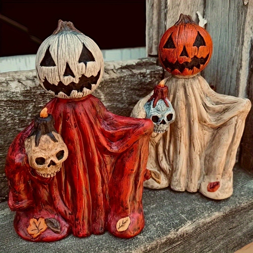 Halloween Pumpkin Wizard Resin Figurine 2-Pack – Spooky Desktop Ornament & Bookshelf Decor, Skeleton Gnome Tabletop Statue for Halloween Home Decor & Seasonal Display