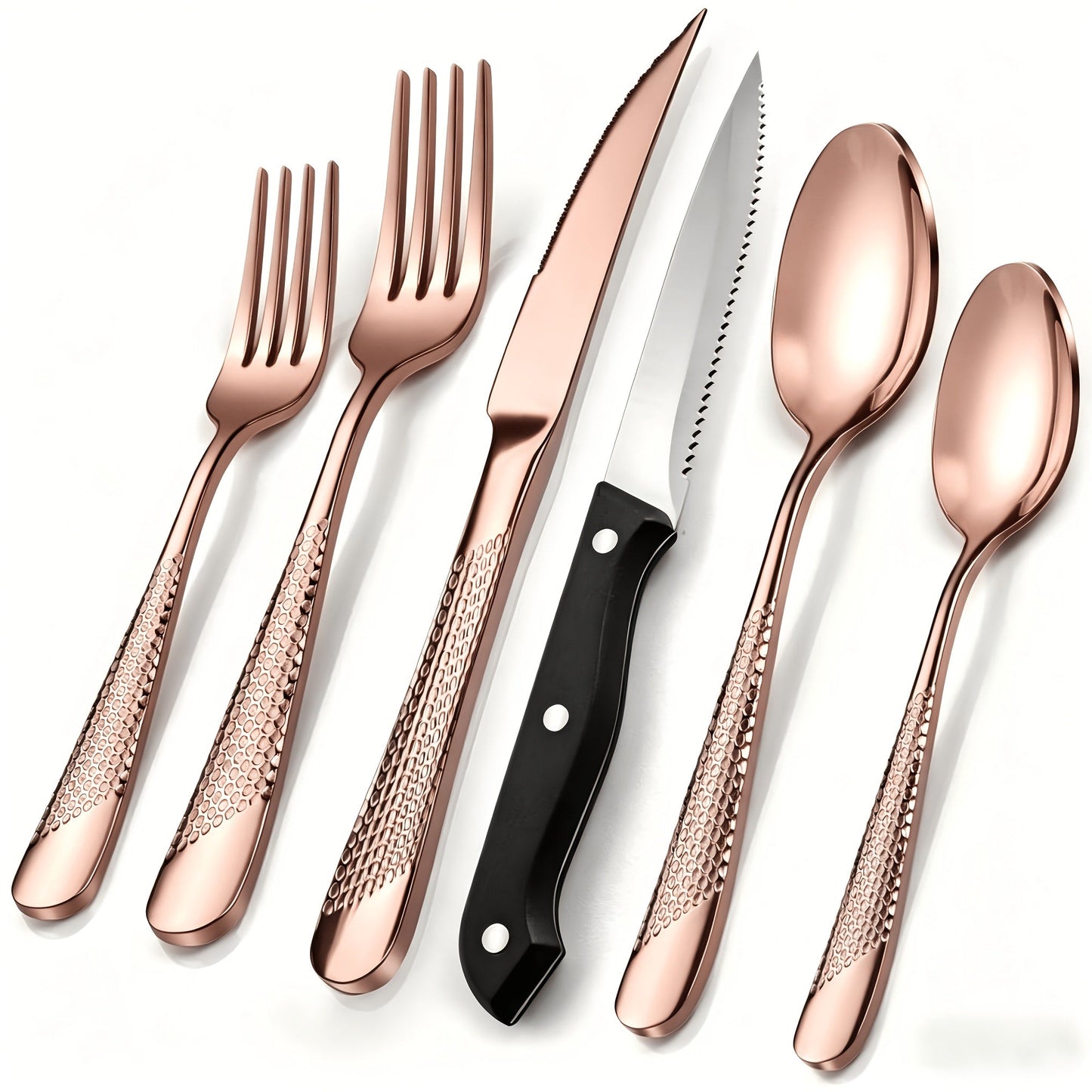 Stainless Steel Flatware Set 40/48 Piece – 304 Silverware Set for 8 Hammered Mirror Polished Rose Gold Cutlery with 2-in-1 Serrated Knife Dishwasher Safe Modern Utensils for Home Restaurant Wedding