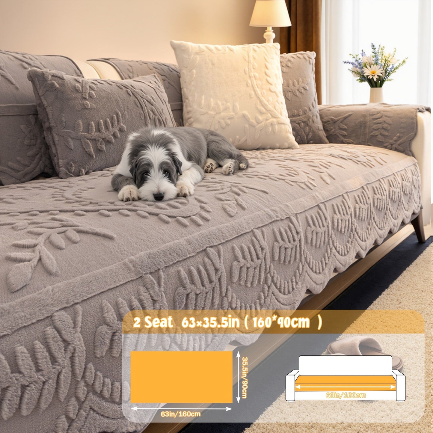 Faux Rabbit Fur Plush Sofa Cover Non-Slip | Thickened Quilted Couch Cushion, Machine Washable Pet Friendly, 1 to 4 Seat Armrest Backrest, White Light Grey Brown, Home Winter Decor